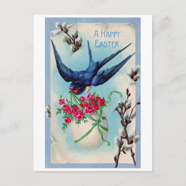 Vintage Easter Swarrow Egg Flower Postcard (Front)