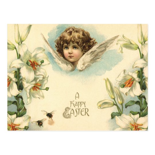 Vintage Easter, Victorian Angel with Lily Flowers Postcard