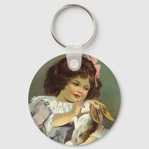 Vintage Easter Victorian Girl Bunny Rabbit Eggs Keychain