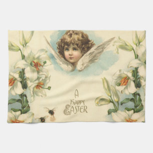 Vintage Easter, Victorian Lily Flowers and Angel Kitchen Towel