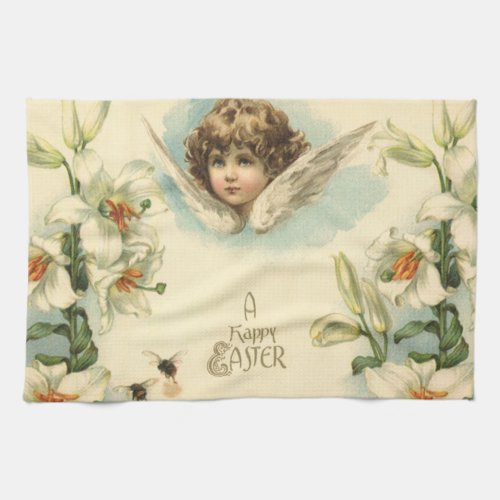 Vintage Easter Victorian Lily Flowers and Angel Kitchen Towel