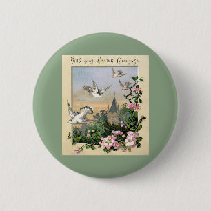 Vintage Easter, White Dove Birds and Flowers Pinback Button