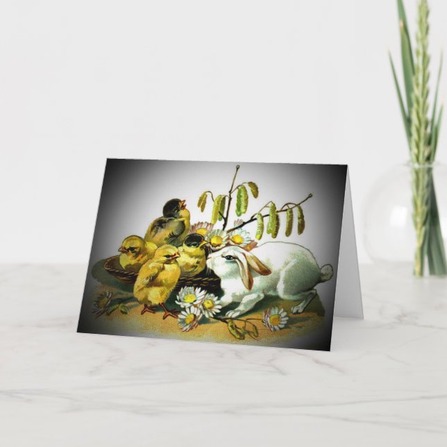 Vintage Easter White Rabbit & Baby Chicks, ZSSG Holiday Card (Front)