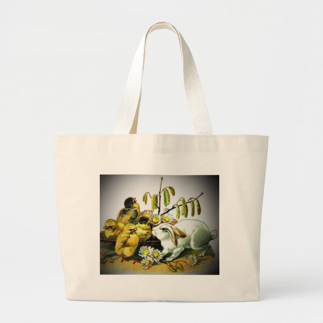 Vintage Easter White Rabbit & Baby Chicks, ZSSG Large Tote Bag (Front)