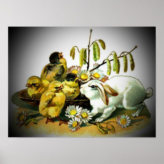 Vintage Easter White Rabbit & Baby Chicks, ZSSG Poster (Front)