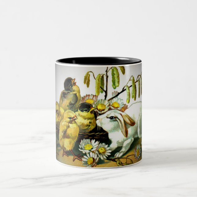 Vintage Easter White Rabbit & Baby Chicks, ZSSG Two-Tone Coffee Mug (Center)