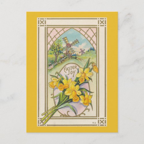 Vintage Easter Yellow Daffodils and Windmill Holiday Postcard