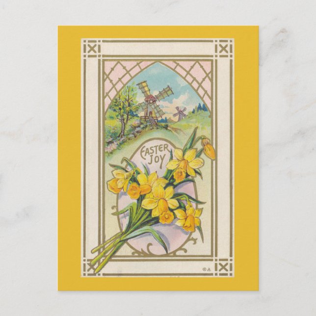 Vintage Easter Yellow Daffodils and Windmill Holiday Postcard (Front)