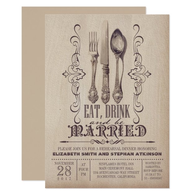 Vintage EAT DRINK AND BE MARRIED Rehearsal Dinner Invitation
