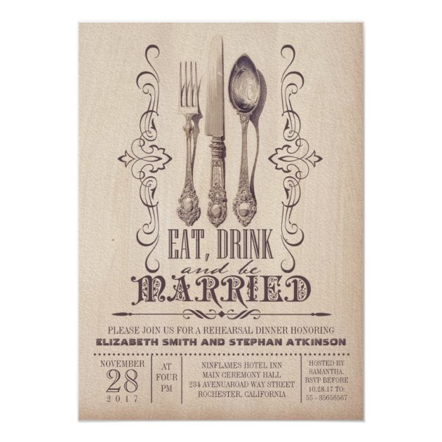 Vintage EAT DRINK AND BE MARRIED Rehearsal Dinner Invitation