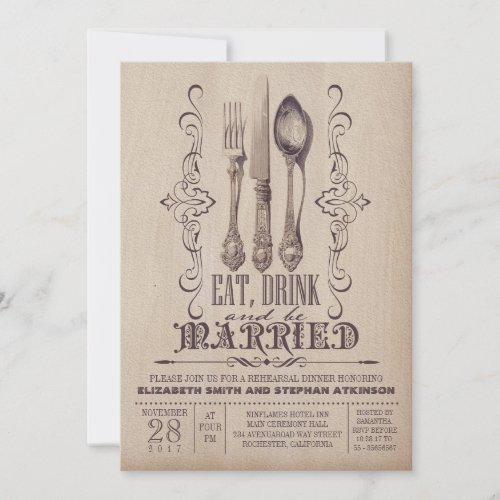 Vintage EAT DRINK AND BE MARRIED rehearsal dinner Custom Announcement