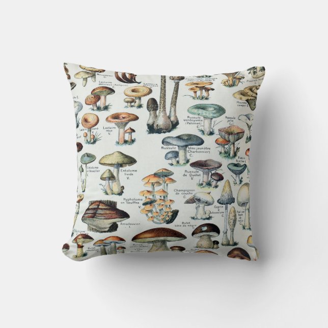 Vintage Edible Mushroom Chart Throw Pillow (Front)