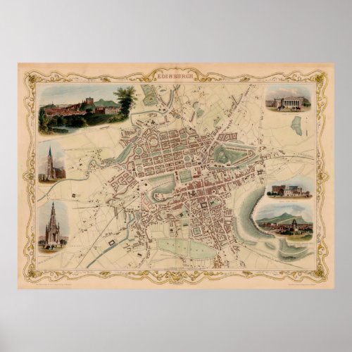 Vintage Edinburgh Scotland Map 1851 Poster
