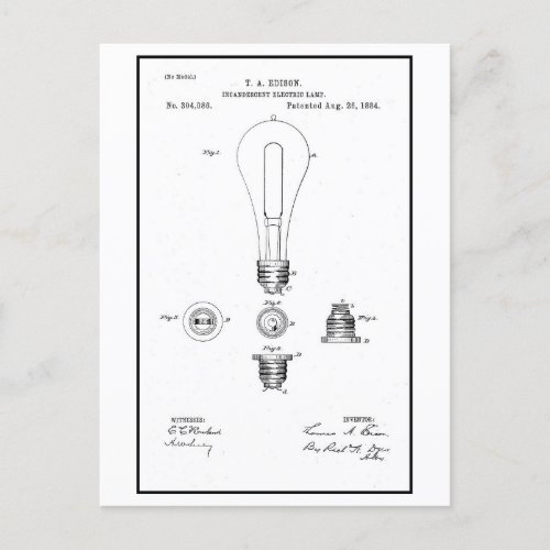 Vintage Edison Light Bulb Patent Application Postcard