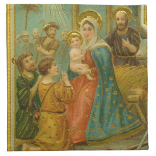 Vintage Edwardian Era Nativity Christmas Card Cloth Napkin