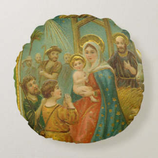 Vintage Edwardian Era Nativity Christmas Card Round Pillow