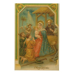 Vintage Edwardian Era Nativity Christmas Card Wood Wall Art