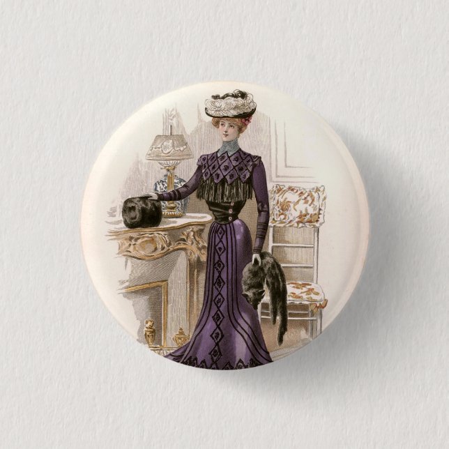 Vintage Edwardian Lady Fox Fashion Illustration  Button (Front)