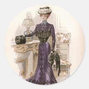 Vintage Edwardian Lady Fox Fashion Illustration Classic Round Sticker