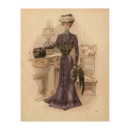 Vintage Edwardian Lady Fox Fashion Illustration   Wood Wall Art