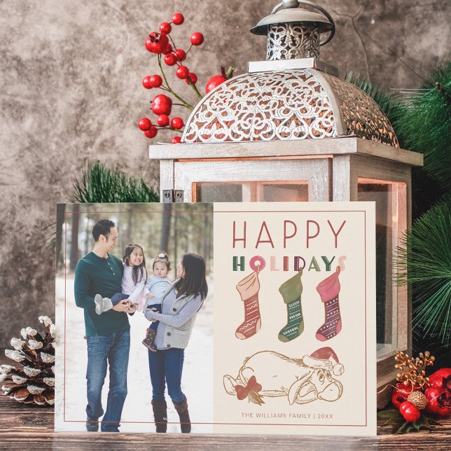 Vintage Eeyore | Happy Holidays Holiday Photo Card (Card on table)
