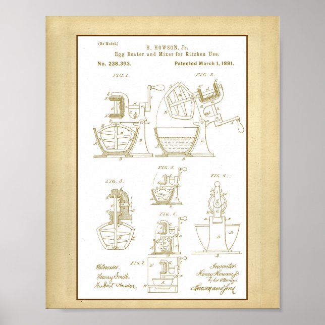 Vintage Egg Beater Mixer Patent Poster (Front)