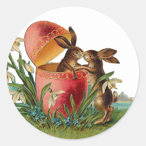 Vintage Egg  Easter Rabbits Kissing Classic Round Sticker