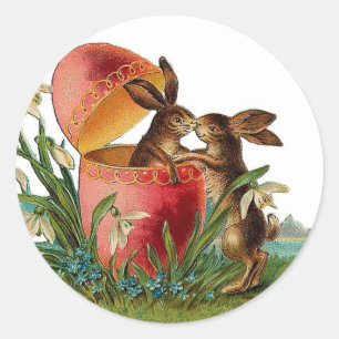 Vintage Egg & Easter Rabbits Kissing Classic Round Sticker