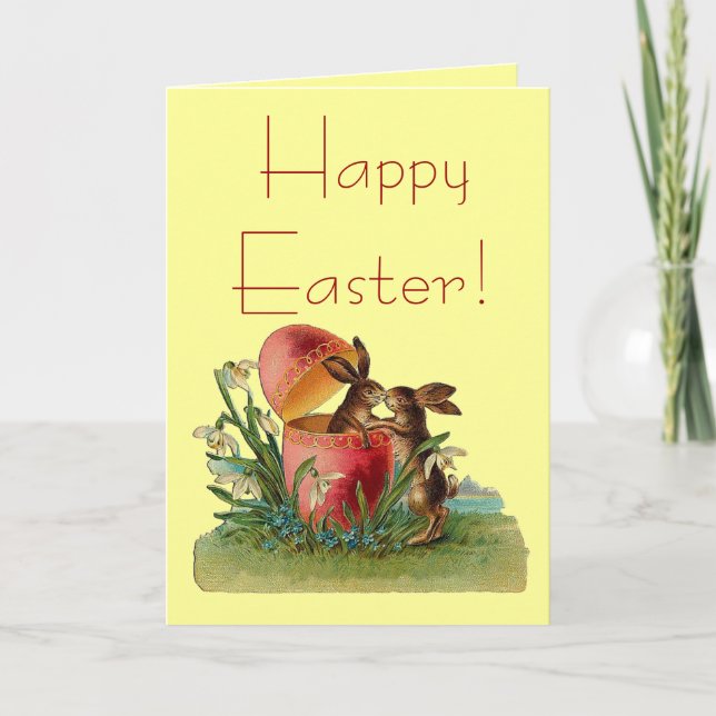 Vintage Egg & Easter Rabbits Kissing Holiday Card (Front)