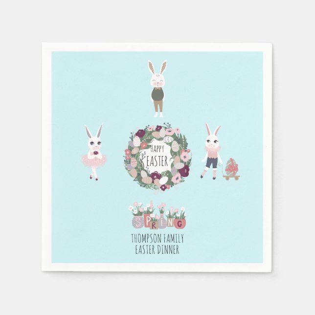 Vintage Eggs Bunny Wildflowers Personalized Easter Napkins (Front)