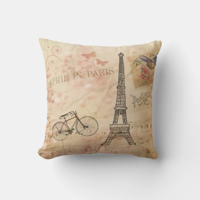 Vintage Eiffel Tower Art Throw Pillow (Front)