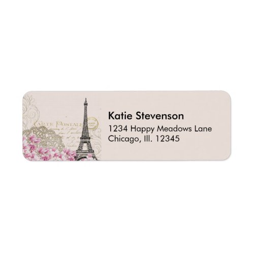 Vintage Eiffel Tower Collage with Pink WIldflowers Label
