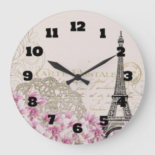 Vintage Eiffel Tower Collage with Pink Wildflowers Large Clock