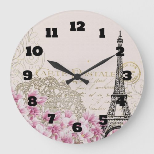 Vintage Eiffel Tower Collage with Pink Wildflowers Large Clock