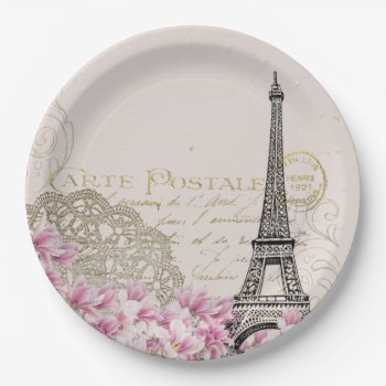Vintage Eiffel Tower Collage With Pink Wildflowers Paper Plates by Mirribug at Zazzle