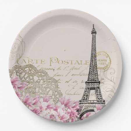 Vintage Eiffel Tower Collage With Pink Wildflowers Paper Plates