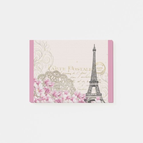 Vintage Eiffel Tower Collage with Pink WIldflowers Post_it Notes