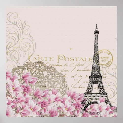 Vintage Eiffel Tower Collage with Pink WIldflowers Poster