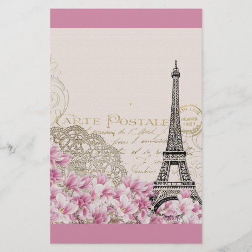Vintage Eiffel Tower Collage with Pink Wildflowers Stationery