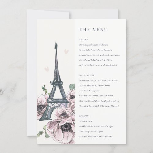 Vintage Eiffel Tower Floral Wedding Menu Card