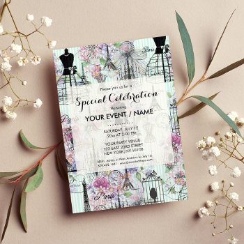 Vintage Eiffel Tower Mannequin Floral Collage Invitation by kicksdesign at Zazzle