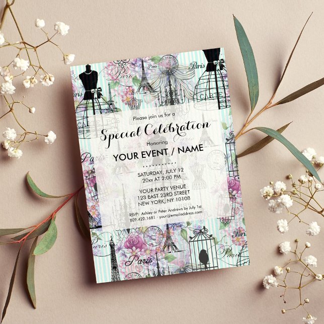 Vintage Eiffel Tower mannequin floral collage Invitation (Vintage Eiffel Tower mannequin floral collage )