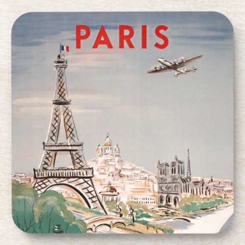 Vintage Eiffel Tower Paris Air Travel Advertising Beverage Coaster