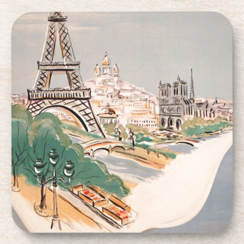 Vintage Eiffel Tower Paris Air Travel Advertising Beverage Coaster