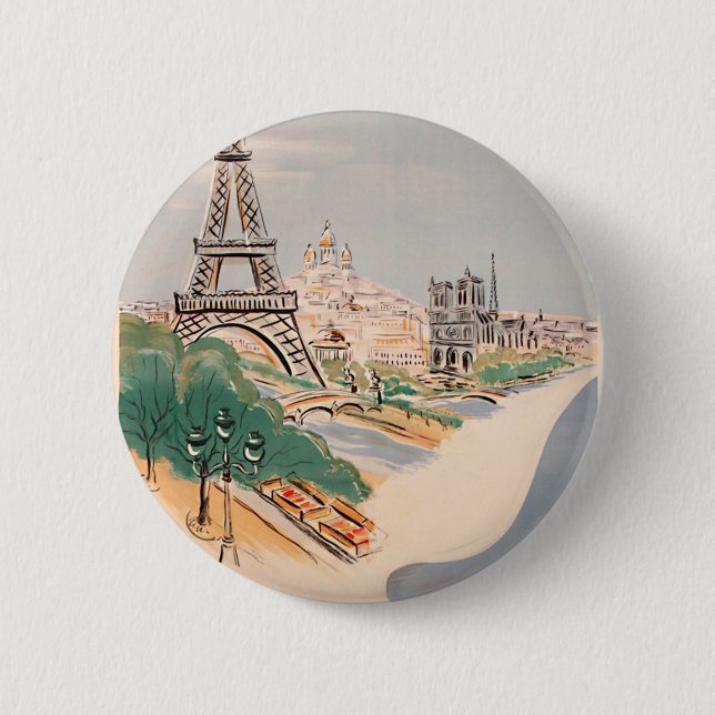 Vintage Eiffel Tower Paris Air Travel Advertising Button (Front)