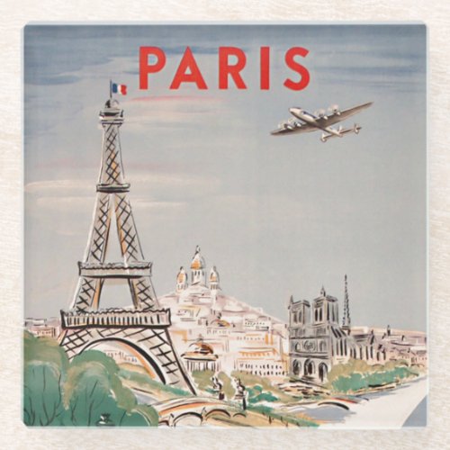 Vintage Eiffel Tower Paris Air Travel Advertising Glass Coaster