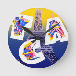 Vintage Eiffel Tower Paris Air Travel Advertising Round Clock