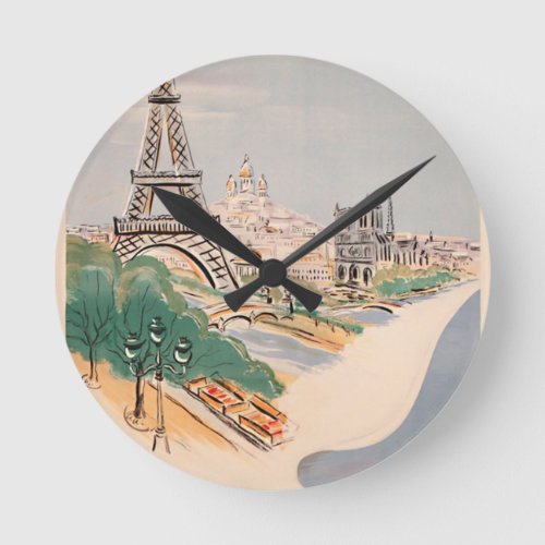 Vintage Eiffel Tower Paris Air Travel Advertising Round Clock