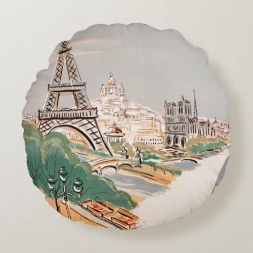 Vintage Eiffel Tower Paris Air Travel Advertising Round Pillow