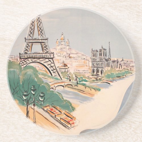 Vintage Eiffel Tower Paris Air Travel Advertising Sandstone Coaster
